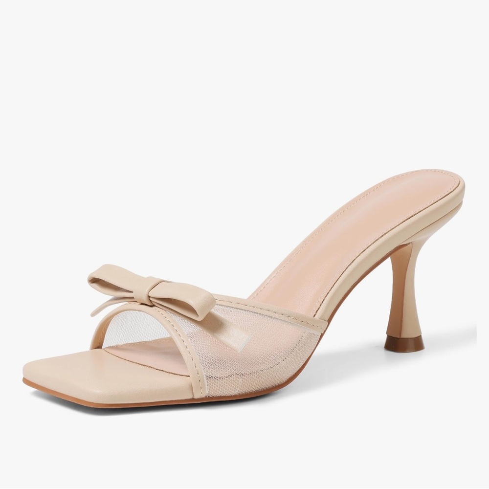 Women’s Open Square Toe Slip On Kitten Heels Bow Mesh - Nude